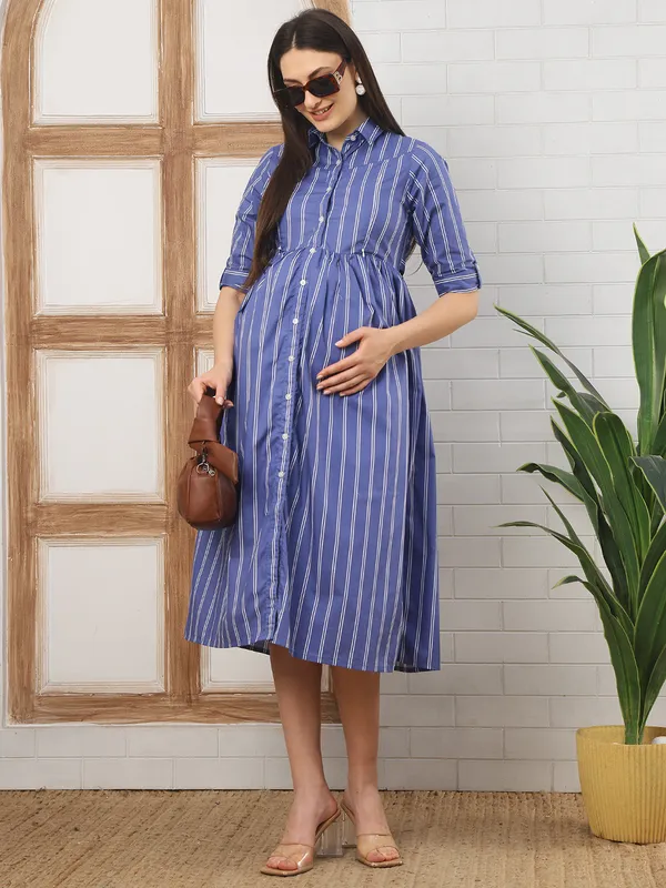 Moms_Maternity_Women's_Striped_Print_Cotton_Blue_Color_Shirt_Collar_Midi_Dress