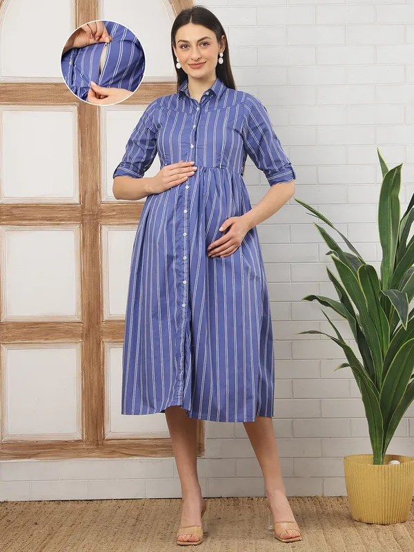Moms_Maternity_Women's_Striped_Print_Cotton_Blue_Color_Shirt_Collar_Midi_Dress