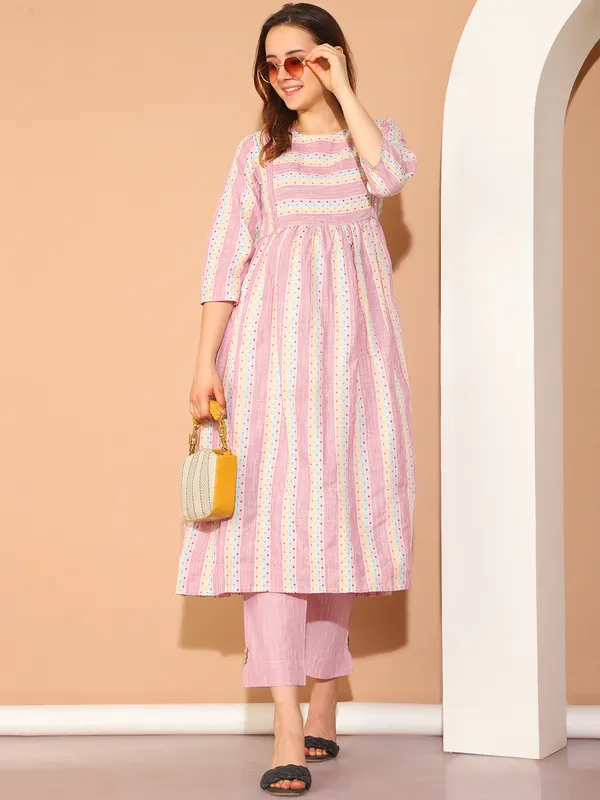 Moms_Maternity_Women's_Ikkat_Print_Khadi_Cotton_Pink_Maternity_Anarkali_Midi_Kurta_Dress