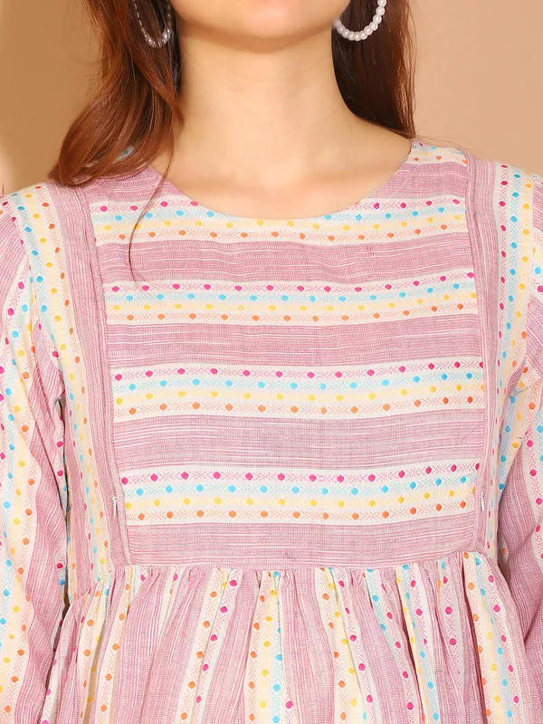 Moms_Maternity_Women's_Ikkat_Print_Khadi_Cotton_Pink_Maternity_Anarkali_Midi_Kurta_Dress
