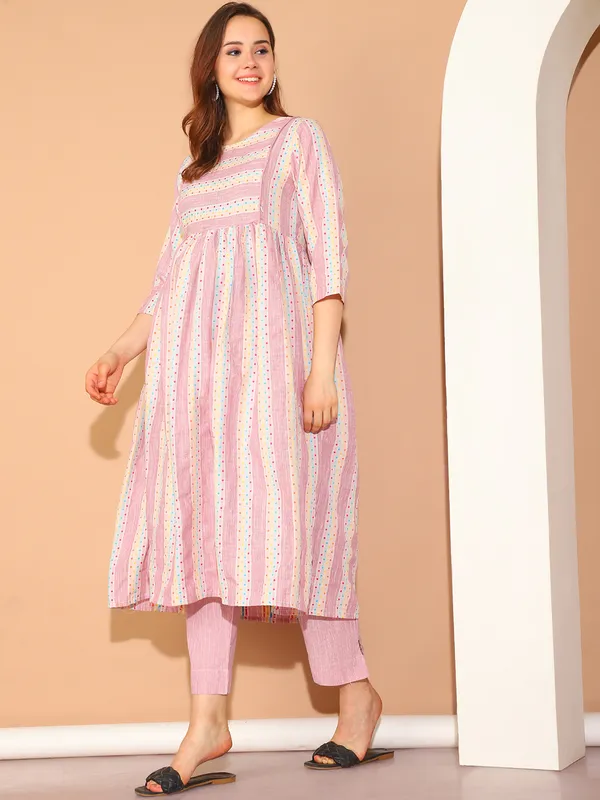 Moms_Maternity_Women's_Ikkat_Print_Khadi_Cotton_Pink_Maternity_Anarkali_Midi_Kurta_Dress