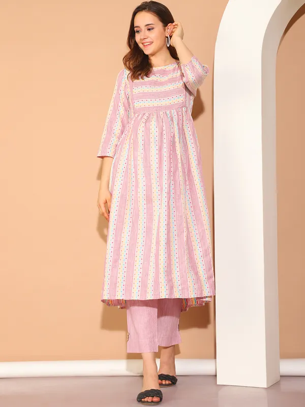 Moms_Maternity_Women's_Ikkat_Print_Khadi_Cotton_Pink_Maternity_Anarkali_Midi_Kurta_Dress