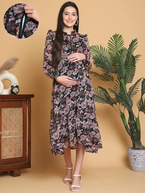 Black_Floral_Printed_Georgette_Maternity_Midi_Dress_For_Women
