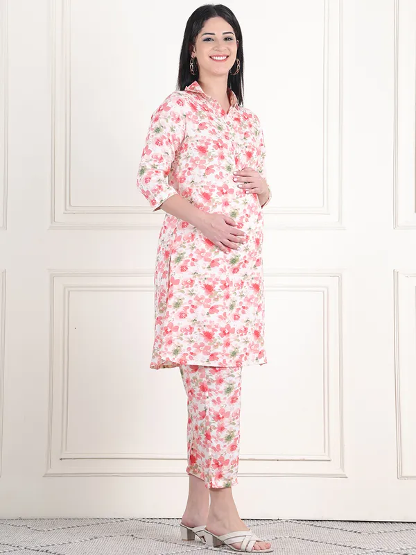 Floral_Print_Cotton_Slub_Shirt_Collar_Pathani_Kurta_With_Trouser_Maternity_Sets_Dress_For_Women
