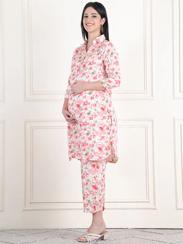 Floral_Print_Cotton_Slub_Shirt_Collar_Pathani_Kurta_With_Trouser_Maternity_Sets_Dress_For_Women
