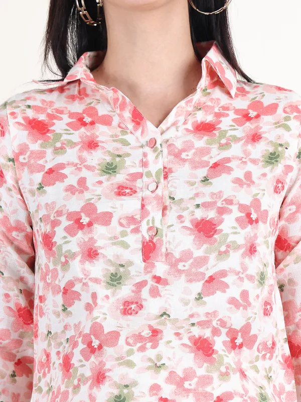 Floral_Print_Cotton_Slub_Shirt_Collar_Pathani_Kurta_With_Trouser_Maternity_Sets_Dress_For_Women