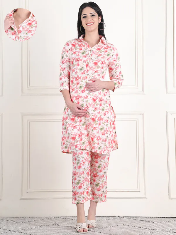 Floral_Print_Cotton_Slub_Shirt_Collar_Pathani_Kurta_With_Trouser_Maternity_Sets_Dress_For_Women