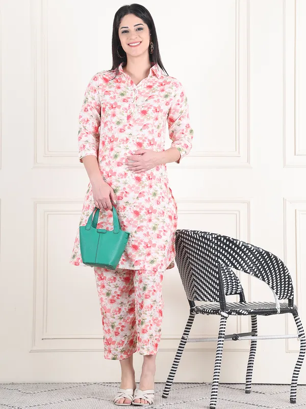 Floral_Print_Cotton_Slub_Shirt_Collar_Pathani_Kurta_With_Trouser_Maternity_Sets_Dress_For_Women