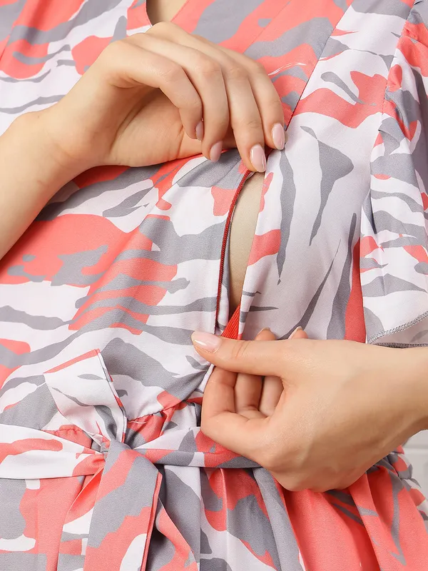 Moms_Maternity_Women's_Abstract_Print_Crepe_Pink_Color_V_Neck_Midi_Dress