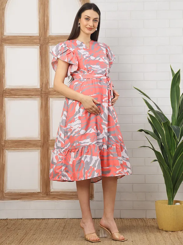 Moms_Maternity_Women's_Abstract_Print_Crepe_Pink_Color_V_Neck_Midi_Dress