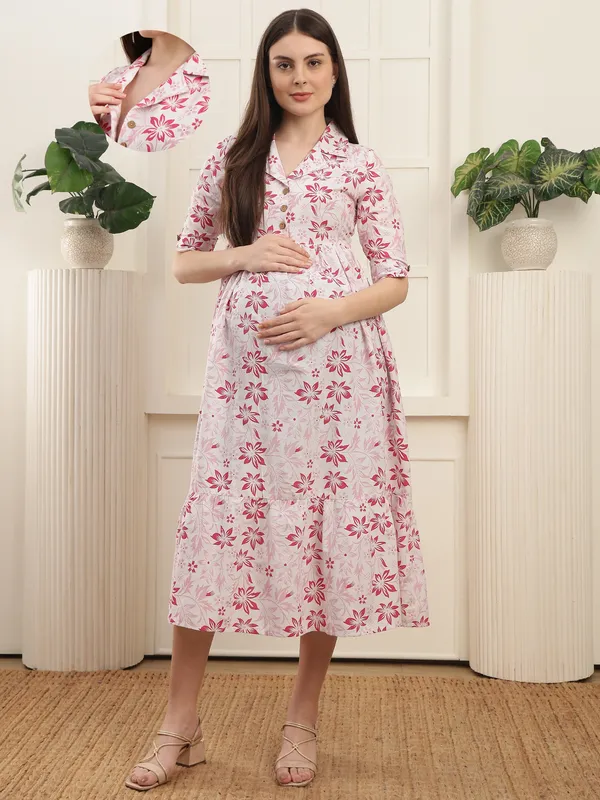 Cotton_Floral_Printed_Maternity_Maxi_Dress_|_Shirt_Collar_Neck_With_3/4_Sleeves_With_Feeding-Friendly_Design|_Everyday_Pregnancy_Wear_For_Women