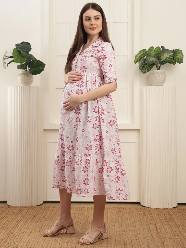 Cotton_Floral_Printed_Maternity_Maxi_Dress_|_Shirt_Collar_Neck_With_3/4_Sleeves_With_Feeding-Friendly_Design|_Everyday_Pregnancy_Wear_For_Women