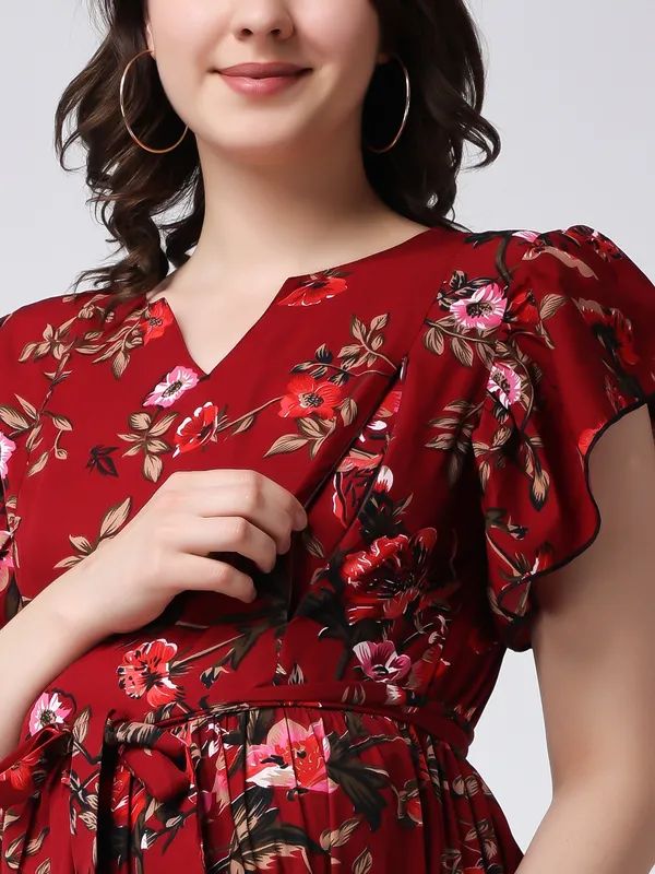 Moms_Maternity_Women's_Floral_Print_Red_Midi_Dress