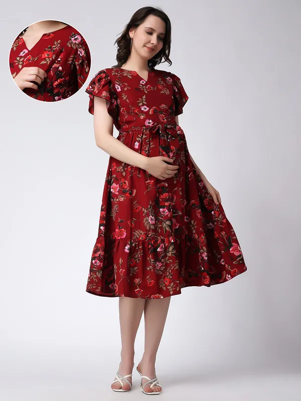 Moms_Maternity_Women's_Floral_Print_Red_Midi_Dress