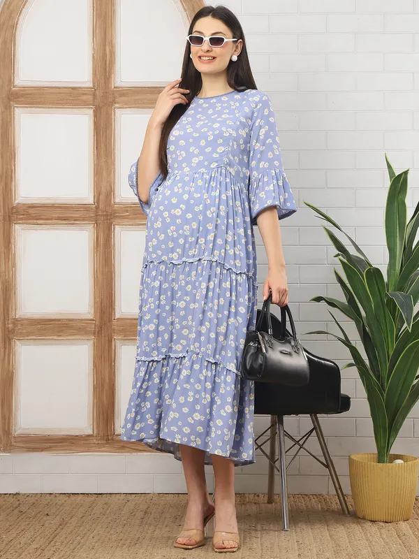 Moms_Maternity_Women's_Floral_Print_Rayon_Blue_Color_Round_Neck_Midi_Dress