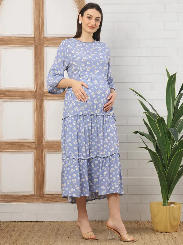 Moms_Maternity_Women's_Floral_Print_Rayon_Blue_Color_Round_Neck_Midi_Dress