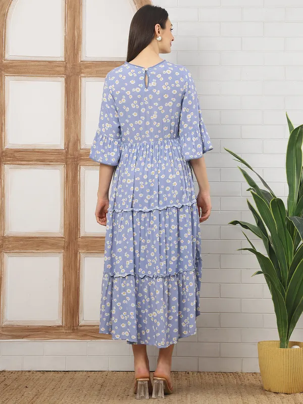 Moms_Maternity_Women's_Floral_Print_Rayon_Blue_Color_Round_Neck_Midi_Dress