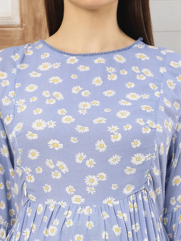 Moms_Maternity_Women's_Floral_Print_Rayon_Blue_Color_Round_Neck_Midi_Dress