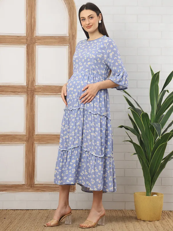 Moms_Maternity_Women's_Floral_Print_Rayon_Blue_Color_Round_Neck_Midi_Dress