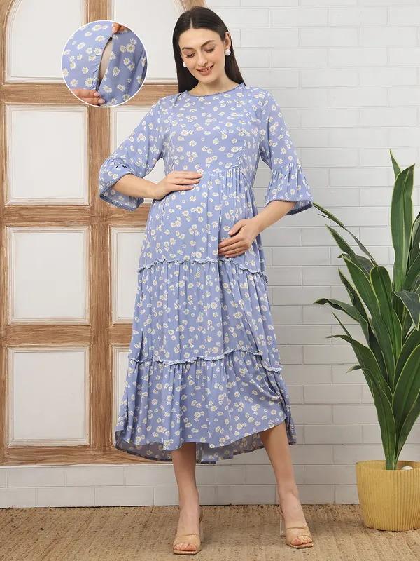 Moms_Maternity_Women's_Floral_Print_Rayon_Blue_Color_Round_Neck_Midi_Dress