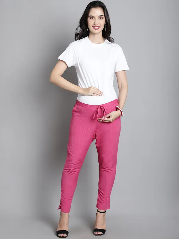 Pink_Solid_Sustainable_Cotton_Ankel_Length_Maternity_Trouser_For_Women