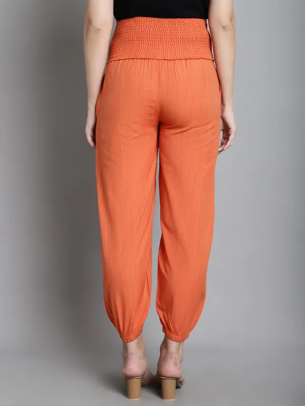 Orange_Solid_Orange_Sustainable_Cotton_Ankel_Length_High_Rise_Maternity_Trouser_For_Women