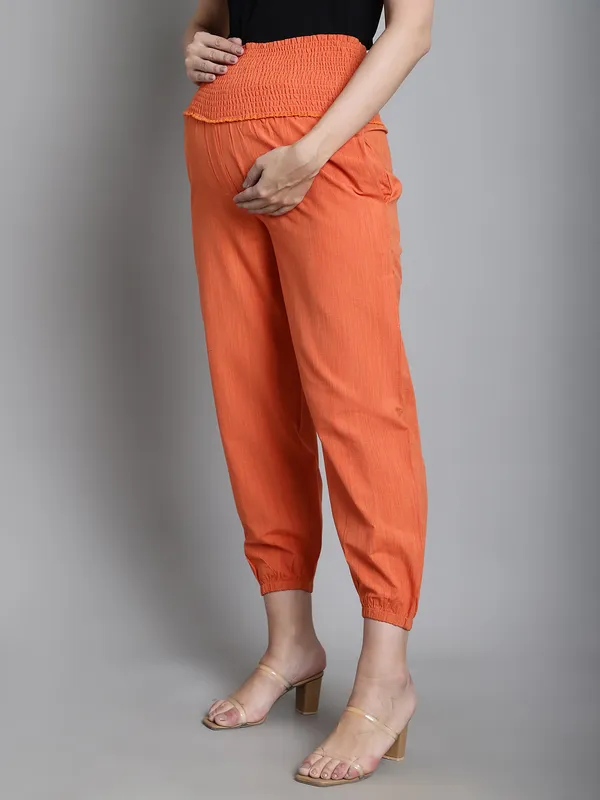 Orange_Solid_Orange_Sustainable_Cotton_Ankel_Length_High_Rise_Maternity_Trouser_For_Women