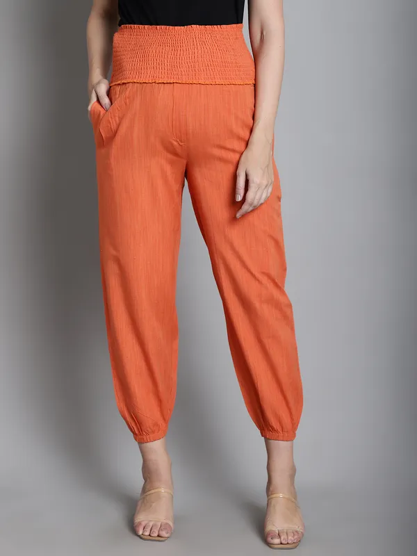 Orange_Solid_Orange_Sustainable_Cotton_Ankel_Length_High_Rise_Maternity_Trouser_For_Women