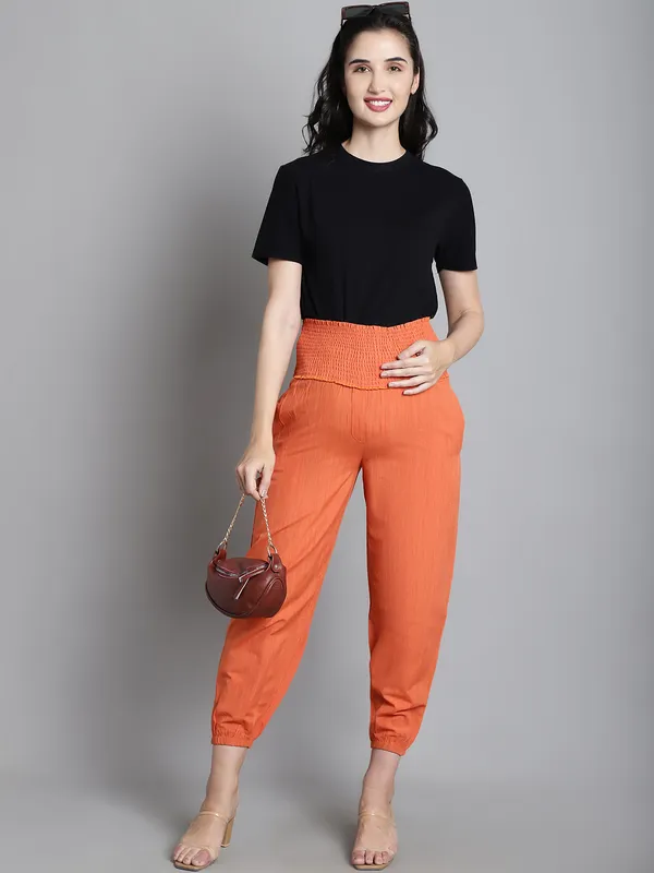 Orange_Solid_Orange_Sustainable_Cotton_Ankel_Length_High_Rise_Maternity_Trouser_For_Women