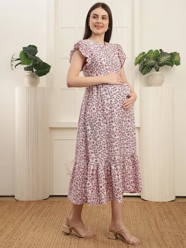 Cotton_Floral_Printed_Maternity_Maxi_Dress_|_V_Neck_With_Flutter_Sleevess_With_Feeding-Friendly_Design|_Everyday_Pregnancy_Wear_For_Women