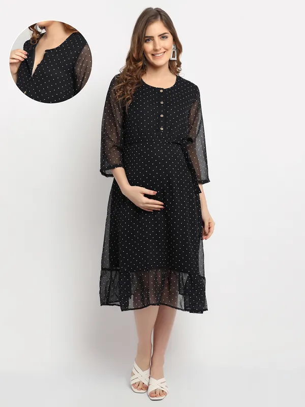 Moms_Maternity_Women's_Maternity_Georgette_Polka_Dot_Print_Black_Midi_Dress