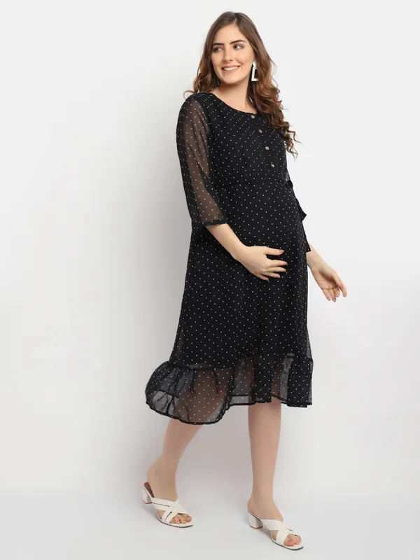 Moms_Maternity_Women's_Maternity_Georgette_Polka_Dot_Print_Black_Midi_Dress