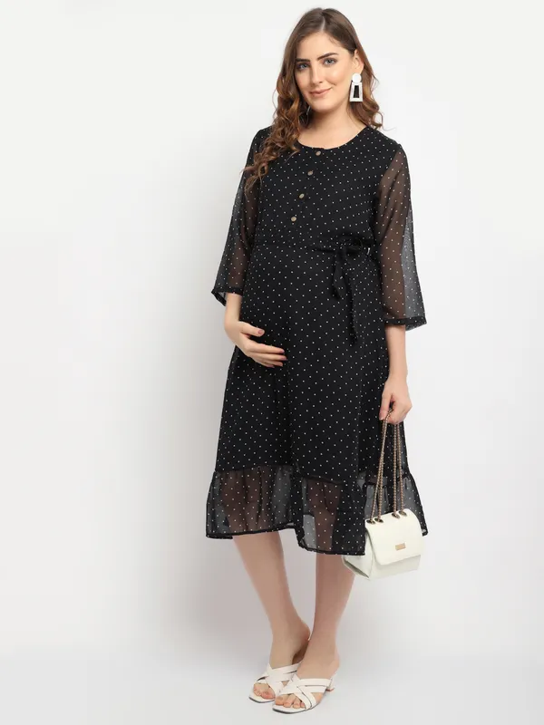 Moms_Maternity_Women's_Maternity_Georgette_Polka_Dot_Print_Black_Midi_Dress