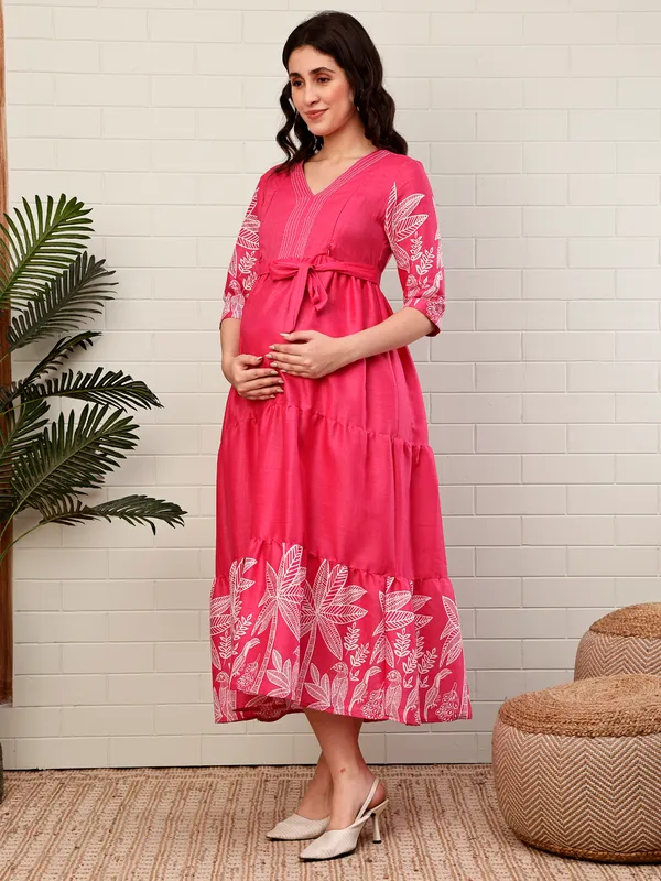 Moms_Maternity_Women's_Boarder_Print_Cotton_Pink_Maxi_Dress