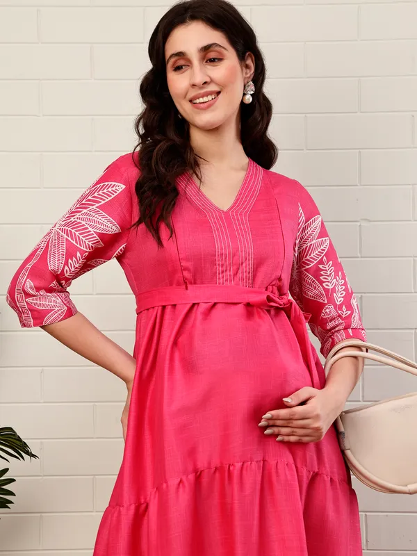 Moms_Maternity_Women's_Boarder_Print_Cotton_Pink_Maxi_Dress