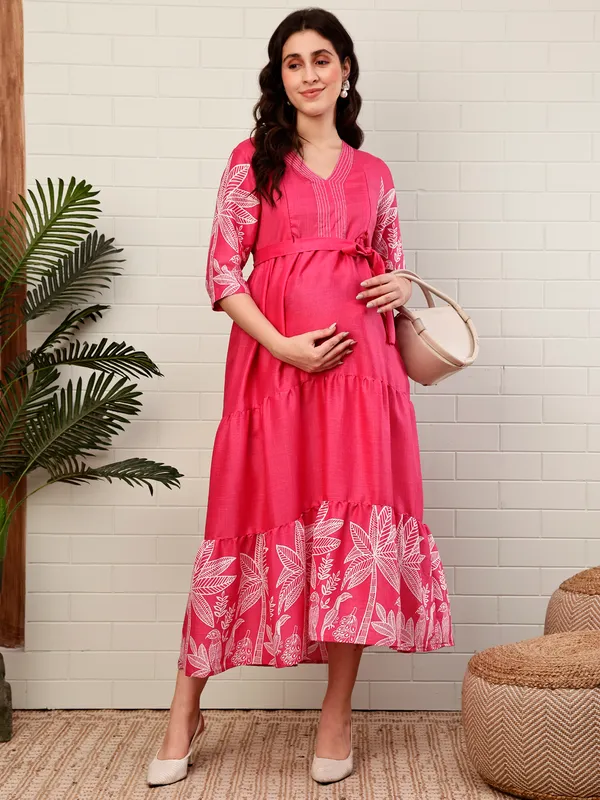 Moms_Maternity_Women's_Boarder_Print_Cotton_Pink_Maxi_Dress