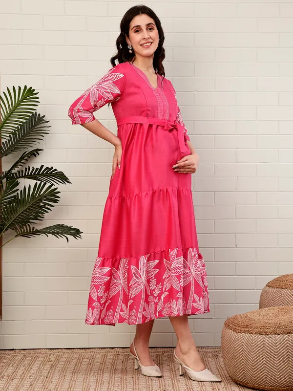 Moms_Maternity_Women's_Boarder_Print_Cotton_Pink_Maxi_Dress