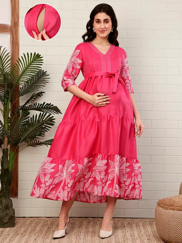 Moms_Maternity_Women's_Boarder_Print_Cotton_Pink_Maxi_Dress