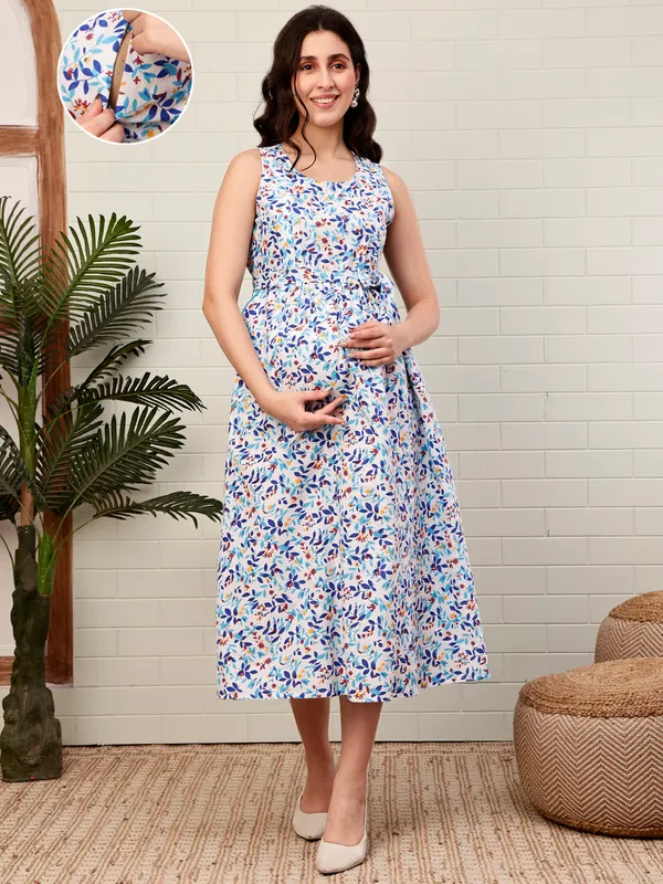Moms_Maternity_Women's_Floral_Print_Pure_Cotton_Multi_Color_Midi_Dress