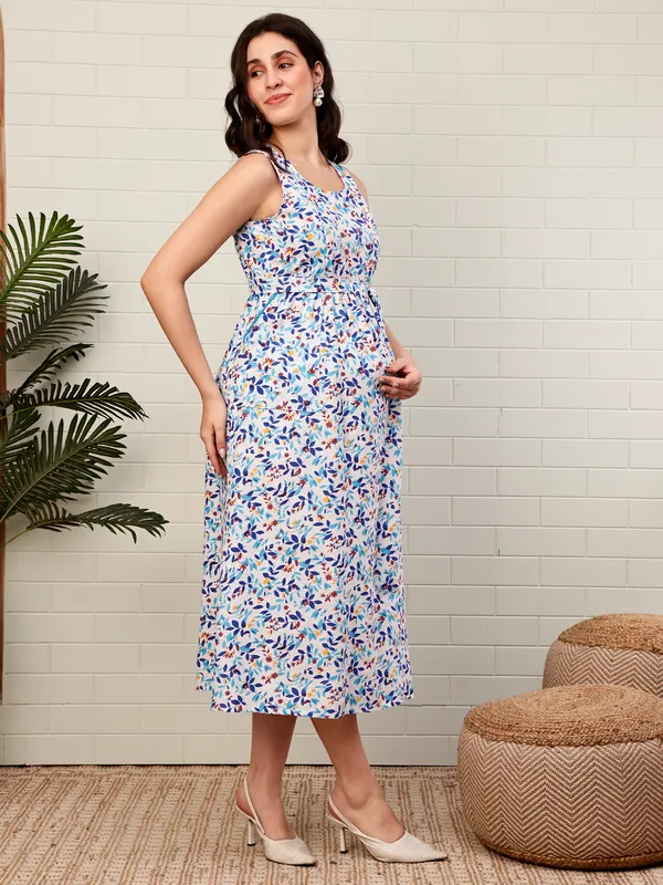 Moms_Maternity_Women's_Floral_Print_Pure_Cotton_Multi_Color_Midi_Dress