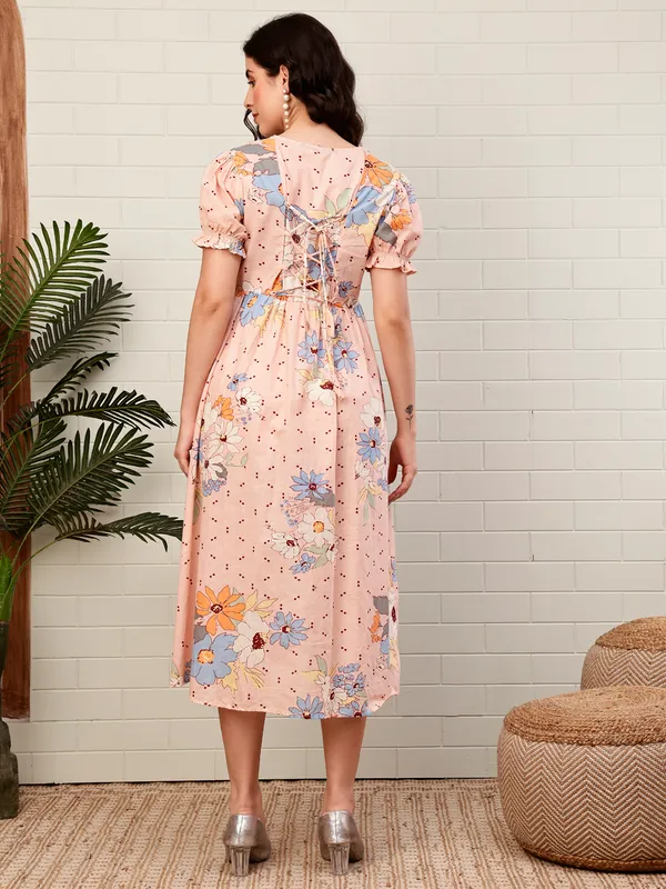 Moms_Maternity_Women's_Floral_Print_Pure_Cotton_Peach_Midi_Dress
