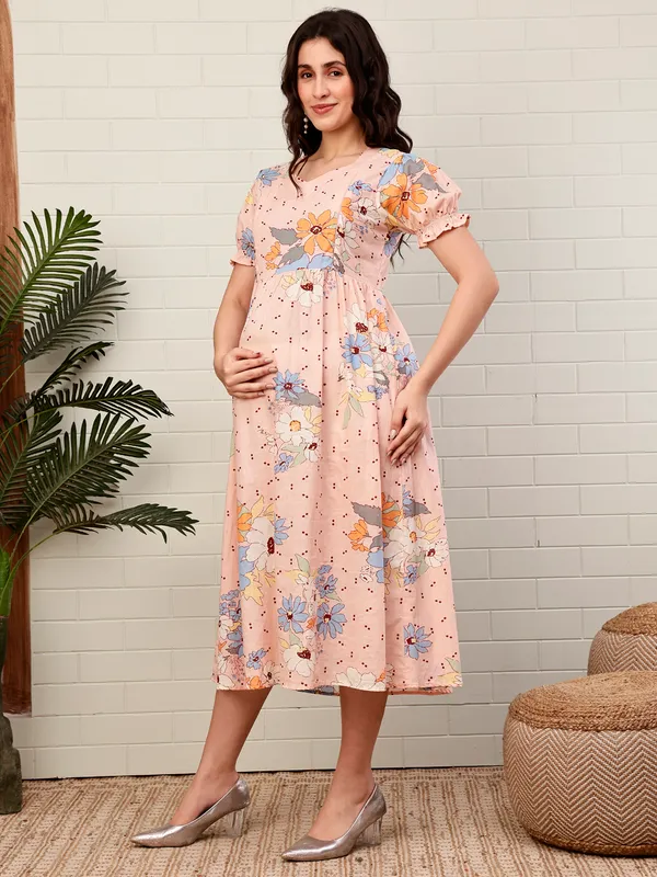 Moms_Maternity_Women's_Floral_Print_Pure_Cotton_Peach_Midi_Dress