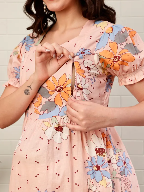Moms_Maternity_Women's_Floral_Print_Pure_Cotton_Peach_Midi_Dress