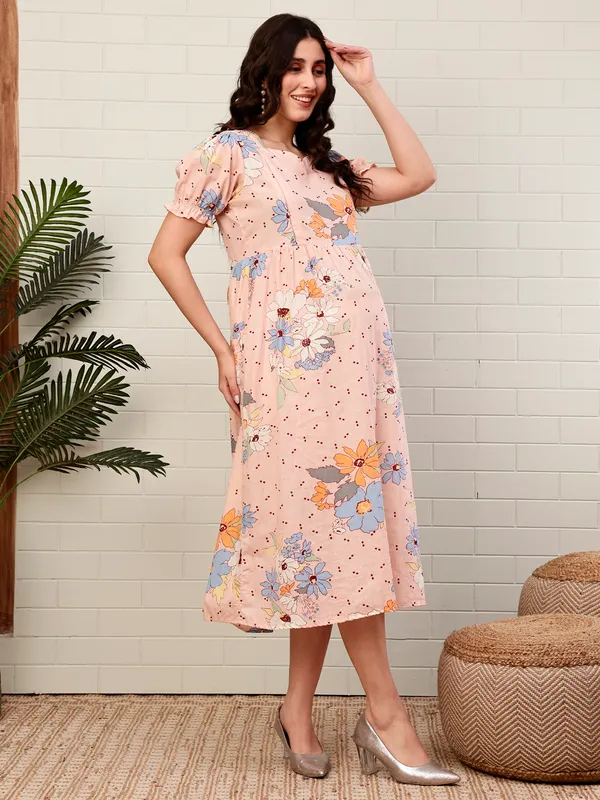 Moms_Maternity_Women's_Floral_Print_Pure_Cotton_Peach_Midi_Dress