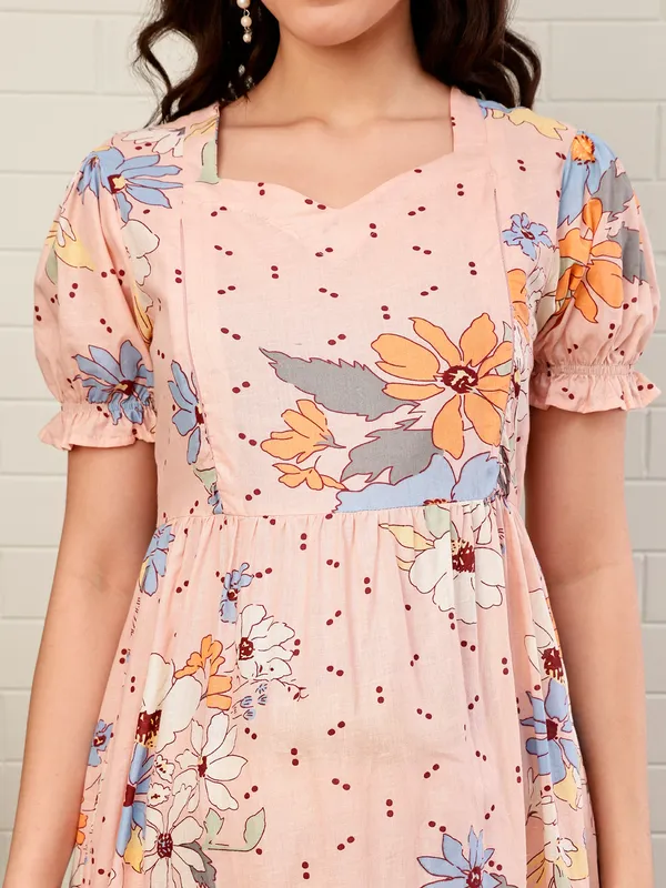 Moms_Maternity_Women's_Floral_Print_Pure_Cotton_Peach_Midi_Dress