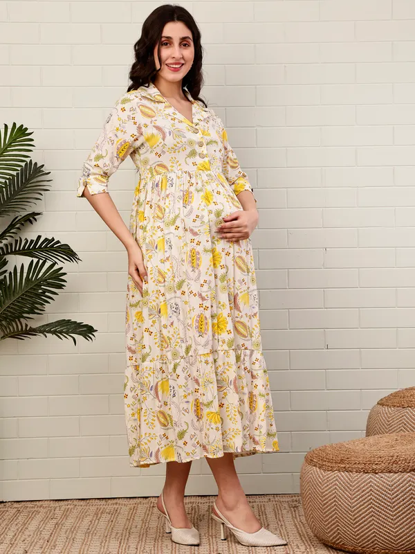 Moms_Maternity_Women's_Floral_Printed_Cotton_Yellow_Color_Shirt_Collar_Maxi_Dress