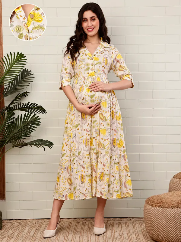 Moms_Maternity_Women's_Floral_Printed_Cotton_Yellow_Color_Shirt_Collar_Maxi_Dress