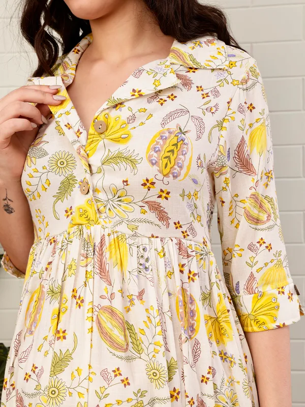 Moms_Maternity_Women's_Floral_Printed_Cotton_Yellow_Color_Shirt_Collar_Maxi_Dress