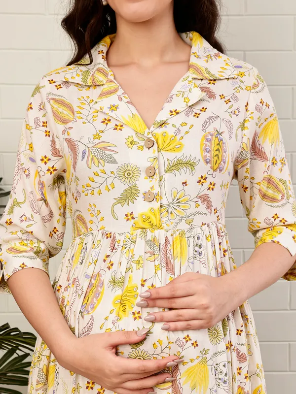 Moms_Maternity_Women's_Floral_Printed_Cotton_Yellow_Color_Shirt_Collar_Maxi_Dress