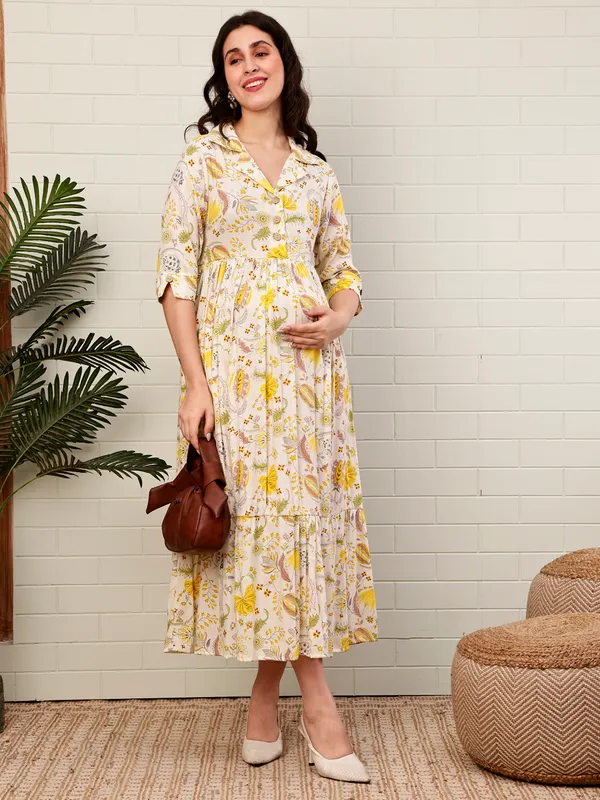 Moms_Maternity_Women's_Floral_Printed_Cotton_Yellow_Color_Shirt_Collar_Maxi_Dress